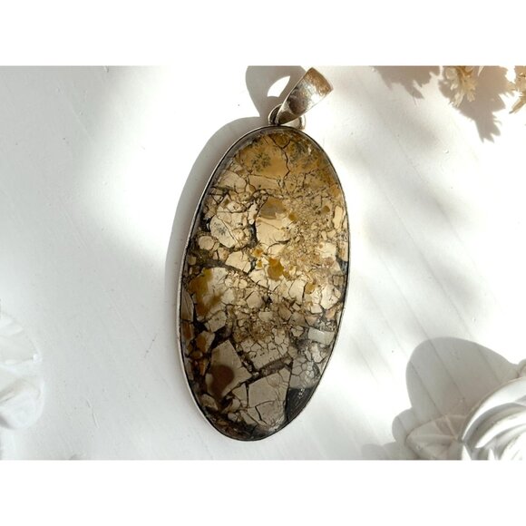 Maligano Jasper Oval Shaped Large Sterling Silver 925 Vintage Statement Pendant - Picture 3 of 10